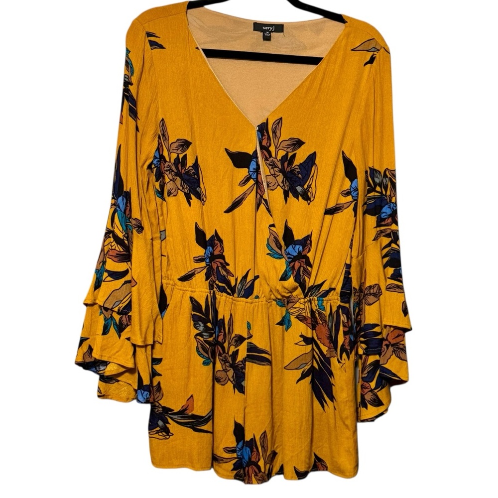 Very J Bohemian Mustard Floral Print Long Ruffled Layered Bell Sleeve Romper